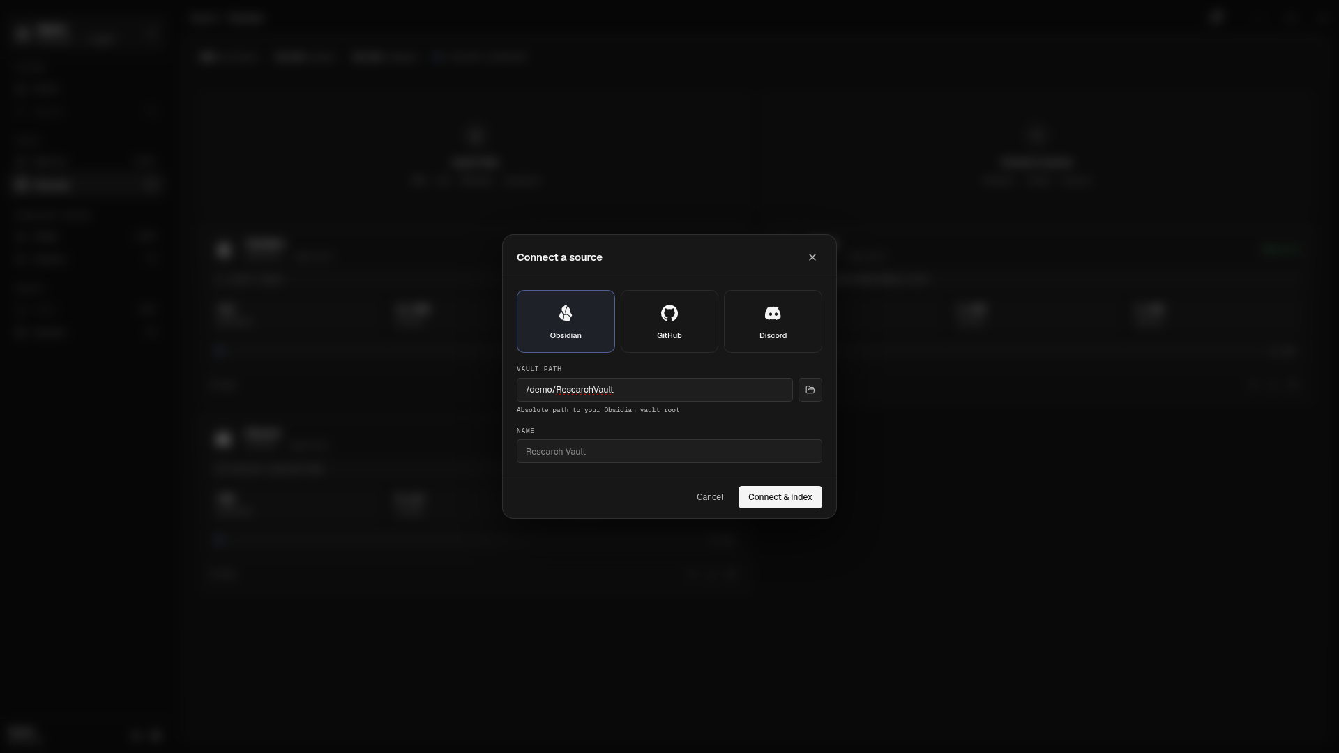 Dark-mode Connect a source dialog with the Obsidian, GitHub, and Discord connector choices
