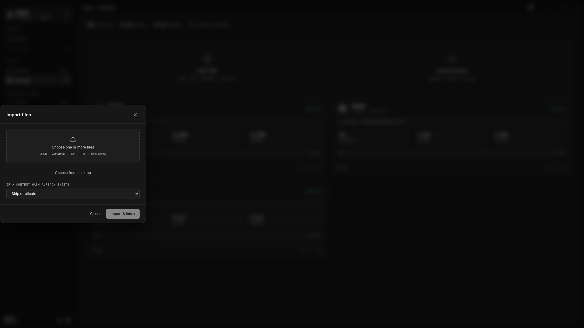 Dark-mode Import files dialog showing browser upload, desktop picker, and duplicate handling