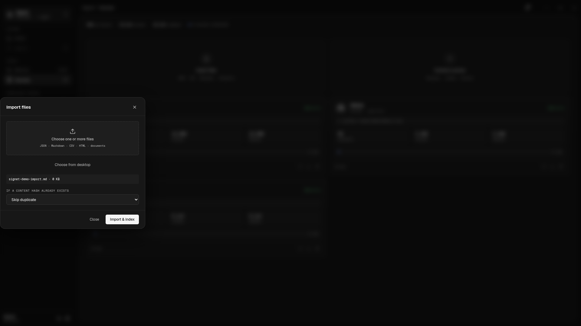 Dark-mode Import files dialog with a controlled demo Markdown fixture selected