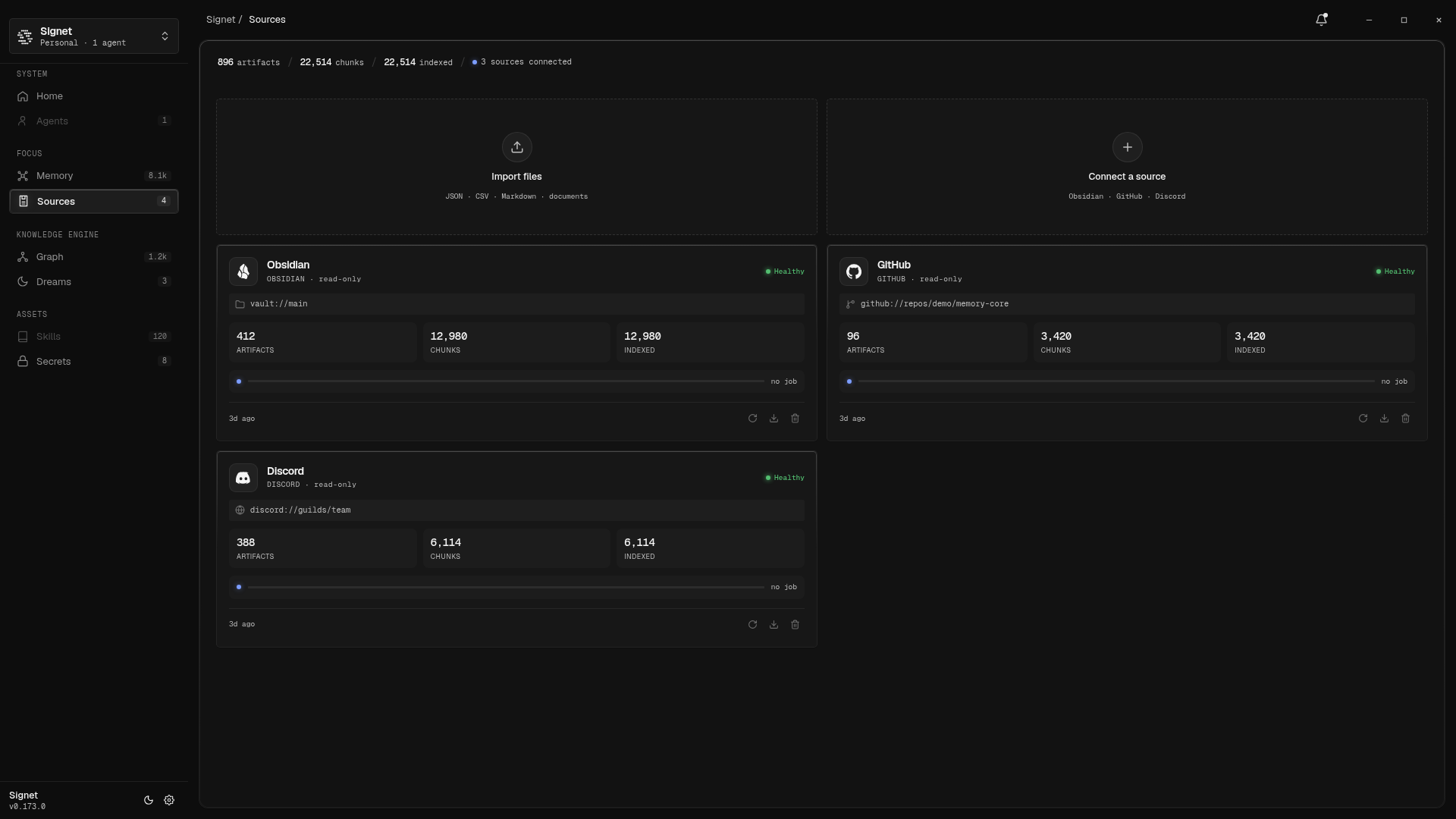 Dark-mode Dashboard Sources page with Import files and Connect a source entry cards and read-only source cards